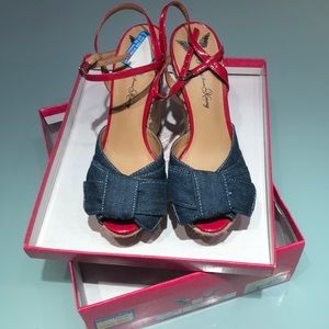 Denim, Red Patent Leather platform espadrilles NEW
